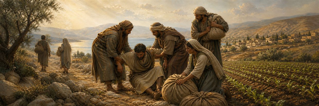 Travelers helping a fallen companion and sharing heavy bundles beside rows of young crops