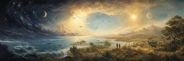 Creation moving from darkness into an ordered world of land, water, living creatures, and humanity