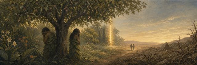 The human pair leaving the garden for a thorn-edged land after the fall