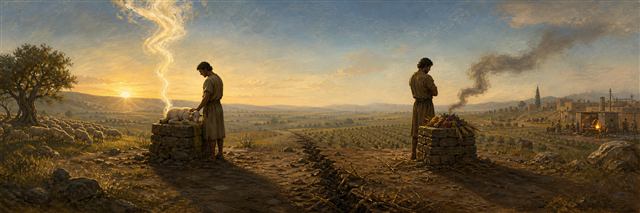 Cain and Abel separated by their offerings in an ancient field
