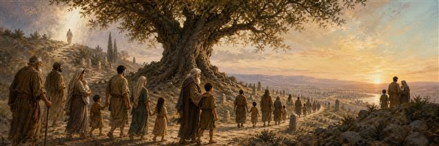 Many generations walking beneath a deeply rooted tree toward the horizon