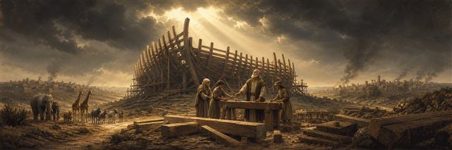 Noah and his family building the ark beneath gathering storm clouds