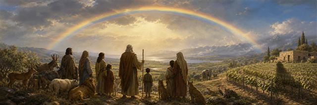 Noah's family and living creatures beneath the rainbow covenant