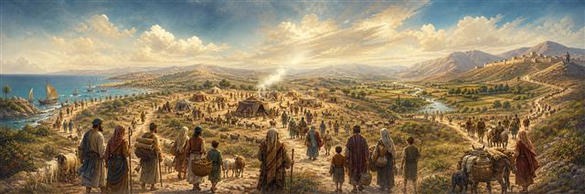 Families journeying from a shared encampment toward many lands