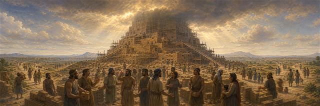 Builders confused beneath the unfinished tower of Babel as families begin to disperse