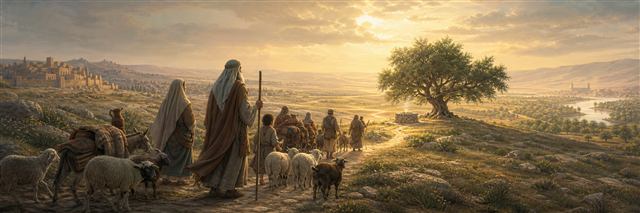Abram and Sarai leading their household toward an unknown land and a new altar