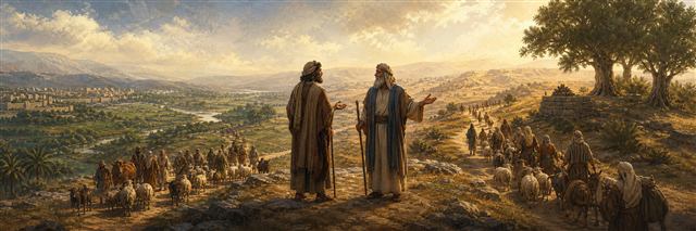 Abram and Lot parting peacefully as their households take different paths