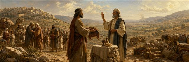 Abram receiving Melchizedek's blessing beside bread, wine, and a rescued caravan