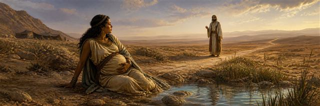 Hagar beside a wilderness spring meeting a messenger who speaks hope for her son