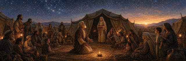 Abraham and his household gathered beneath stars and dawn in covenant belonging
