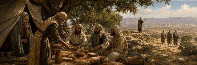 Abraham serving three visitors while Sarah listens and the plain waits in the distance