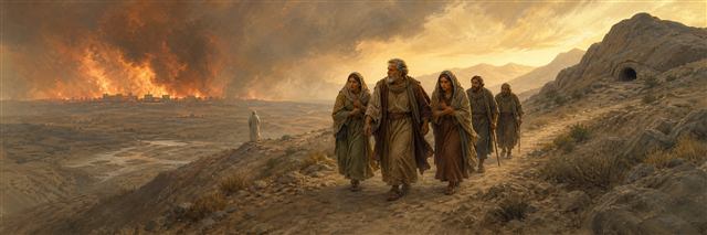 Lot and his daughters fleeing the burning cities as his wife looks back