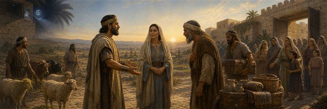 Sarah standing with dignity as Abimelech and Abraham make restitution at Gerar