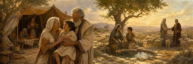 Sarah and Abraham celebrating Isaac as Hagar and Ishmael recover beside a wilderness well