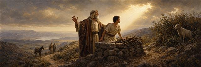 Abraham and Isaac beside the halted altar as a ram appears in the thicket