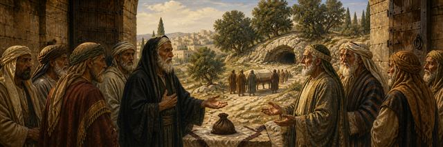 Abraham purchasing the field of Machpelah as Sarah's covered bier approaches the cave