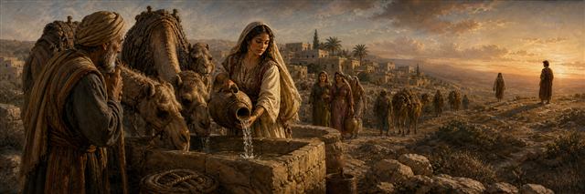 Rebekah watering camels at the well as Abraham's servant recognizes her generosity