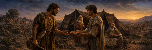 Jacob offering Esau a bowl of lentil stew as their parents watch from the family camp