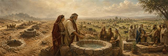 Isaac and Rebekah beside a restored well as pasture flourishes and former rivals make peace