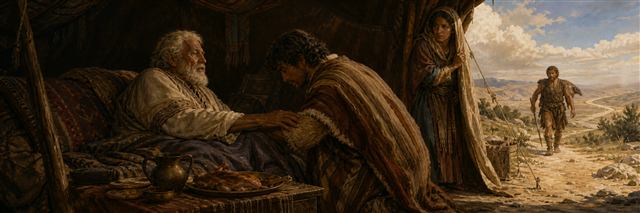 Jacob receiving Isaac's blessing as Rebekah watches and Esau approaches the tent