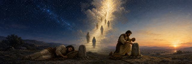 Jacob sleeping beneath a luminous stairway between earth and heaven