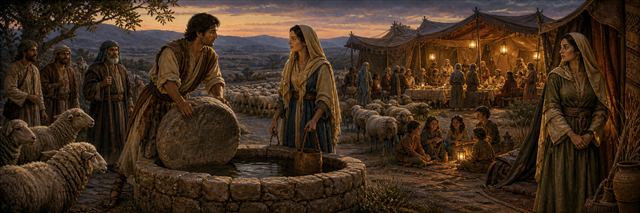 Jacob meeting Rachel at the well while Leah and the growing household appear beyond