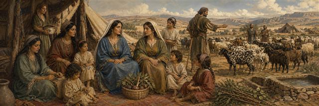 Leah and Rachel with their growing household as Jacob separates the patterned flocks
