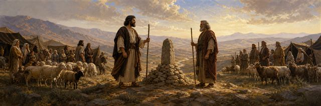 Jacob and Laban facing one another across the witness stones as their households wait in Gilead