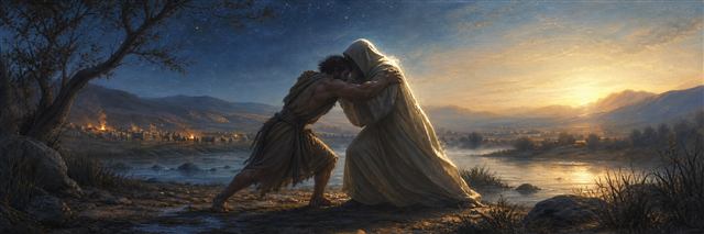 Jacob wrestling a mysterious shrouded figure beside the Jabbok as daybreak approaches