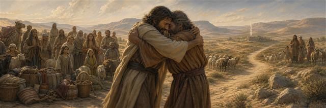 Jacob and Esau embracing as their families and herds watch in relief