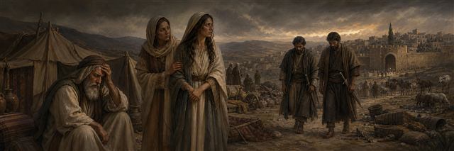 Dinah standing with dignity as Jacob grieves and Simeon and Levi return from Shechem