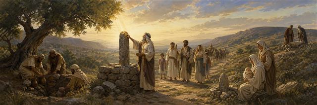 Jacob anointing the stone at Bethel as his household's journey continues through renewal and loss