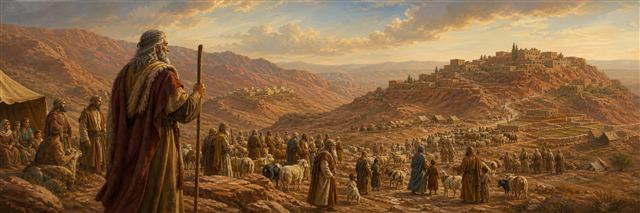 Esau overlooking generations of his household as they settle among the mountains of Seir