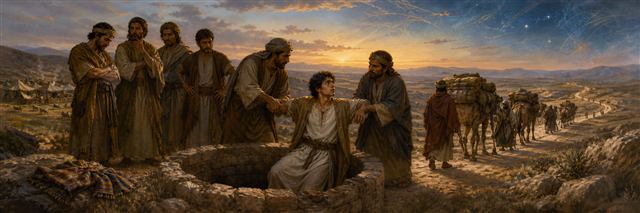Joseph being lifted from the cistern and led toward a merchant caravan as his brothers watch