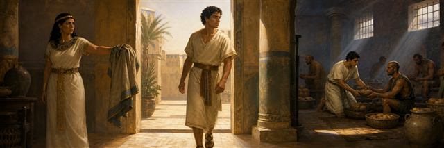 Joseph leaving his garment behind as he chooses integrity and later serves faithfully in prison