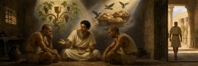 Joseph interpreting the cupbearer and baker's dreams while confined in an Egyptian prison