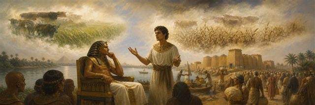 Joseph interpreting Pharaoh's dreams as Egypt stores grain for the coming famine