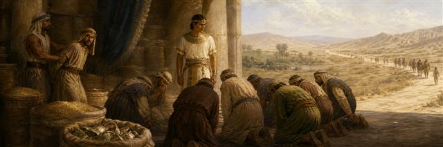 Joseph's brothers bowing before him beside grain sacks while Simeon is held in Egypt