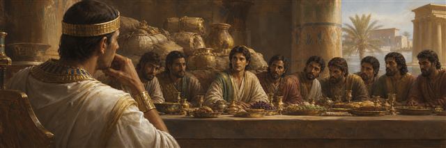 Joseph watching his adult brother Benjamin across a banquet shared with their brothers