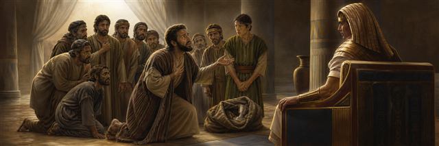 Judah pleading before Joseph beside Benjamin's opened sack and the silver cup