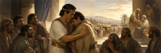 Joseph embracing his adult brother Benjamin as their brothers learn his identity
