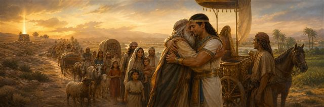 Joseph and Jacob embracing beside the family caravan arriving in Goshen