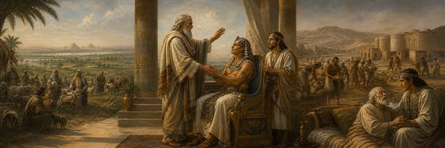 Jacob blessing Pharaoh as his family settles in Goshen and Egypt receives grain