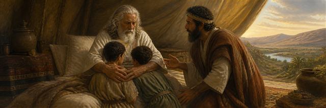 Jacob crossing his hands to bless Ephraim and Manasseh as Joseph watches