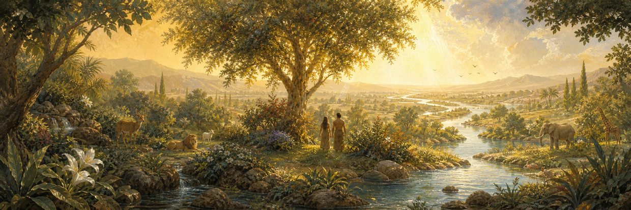 The human pair beneath a great tree in Eden's river-watered garden