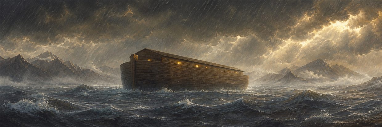 The ark carrying life through rain and overwhelming floodwaters
