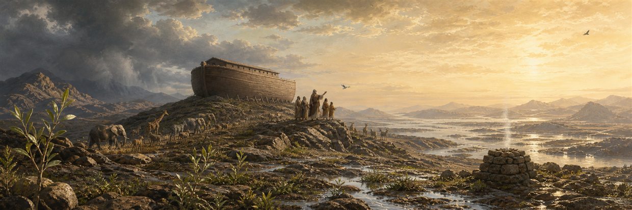 The ark on emerging land as Noah's family and the animals enter a renewed world