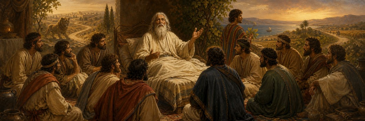 Jacob speaking his final words to his twelve sons gathered around his bed