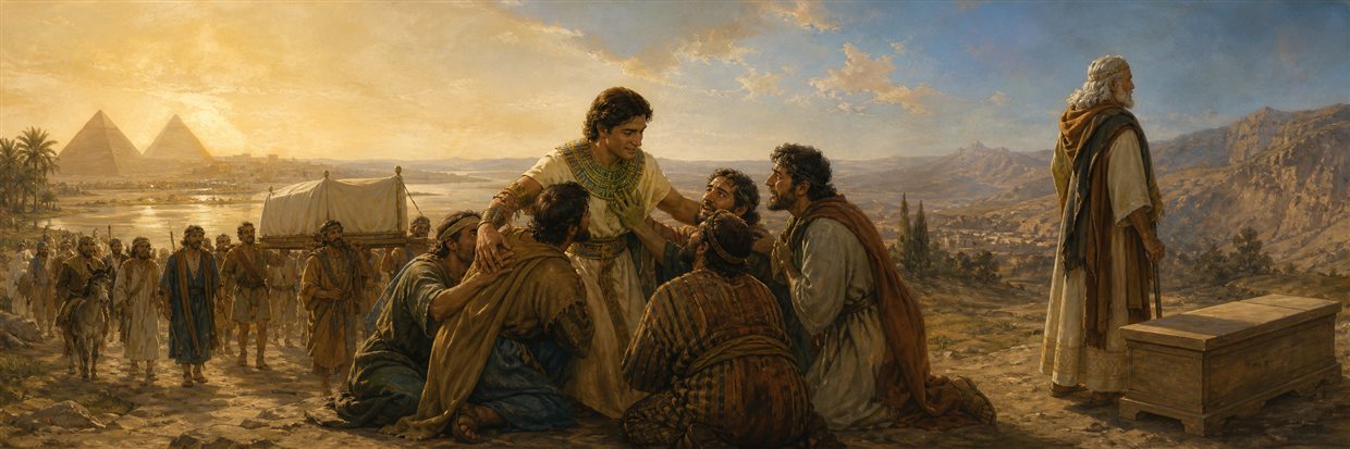 Joseph reassuring his brothers as Jacob's burial procession travels toward Canaan