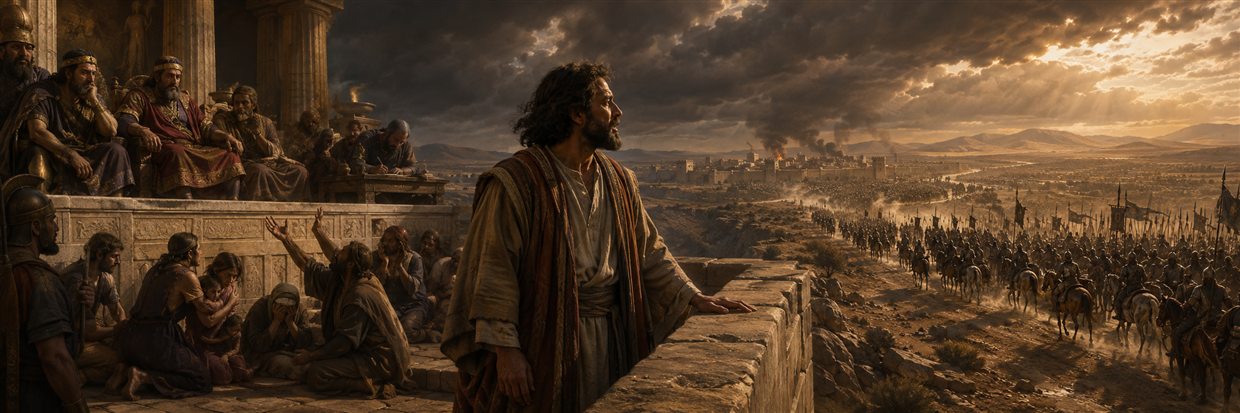 Habakkuk stands on a city wall between oppressive rulers and suffering families on one side and a vast approaching cavalry on the other